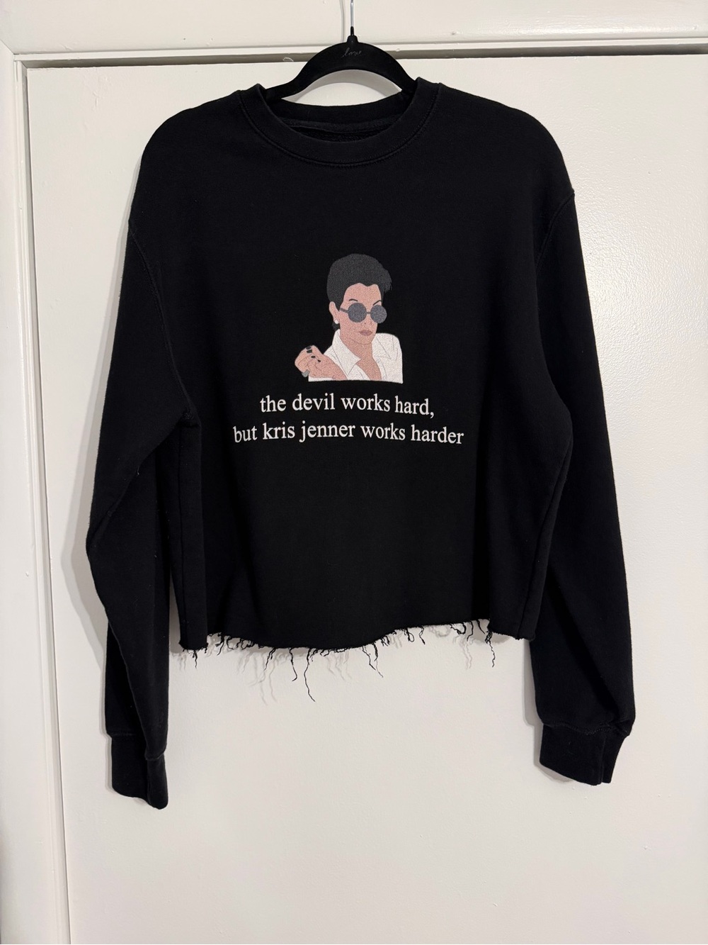 Black Kris Jenner Devil Works Hard Cropped Sweatshirt Raw Hem - Size L